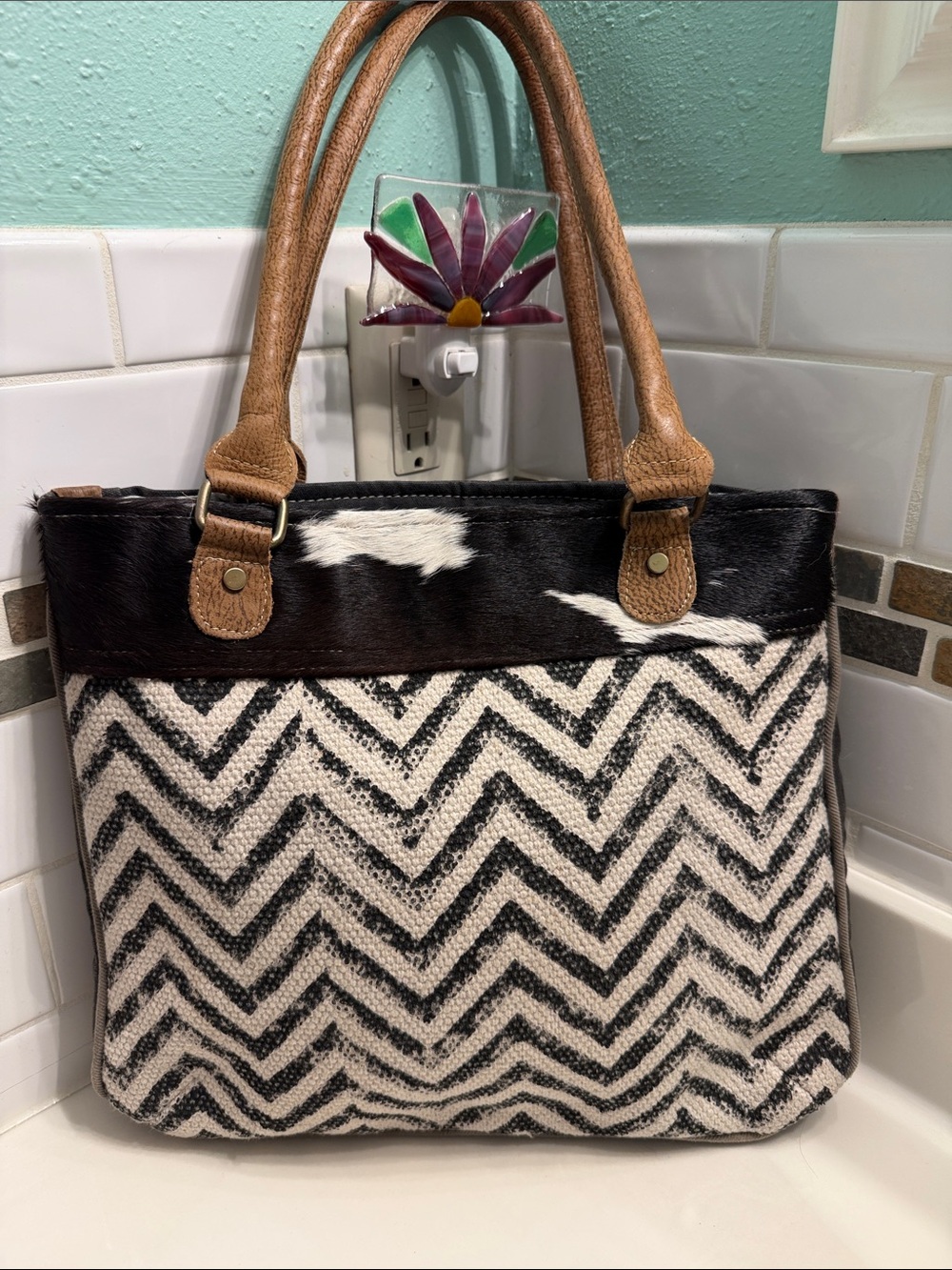 Myra Bag Black & White Chevron Tote with Brown Handles